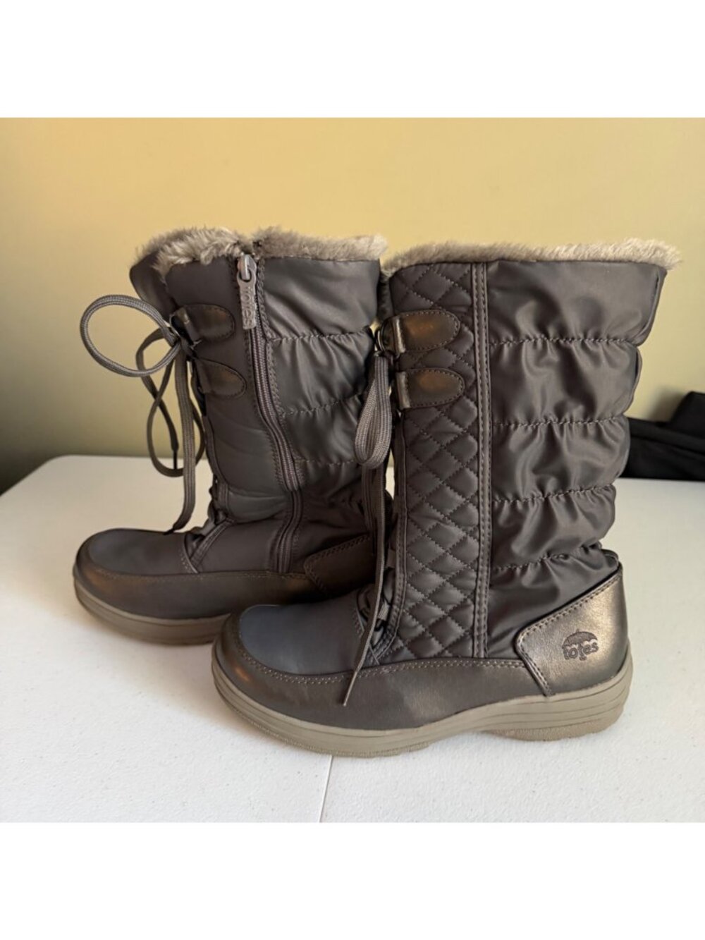 Totes Womens Gray Winter Boots Snow Boots Faux Fur Lining 9M Laces & Side Zipper - Picture 9 of 10